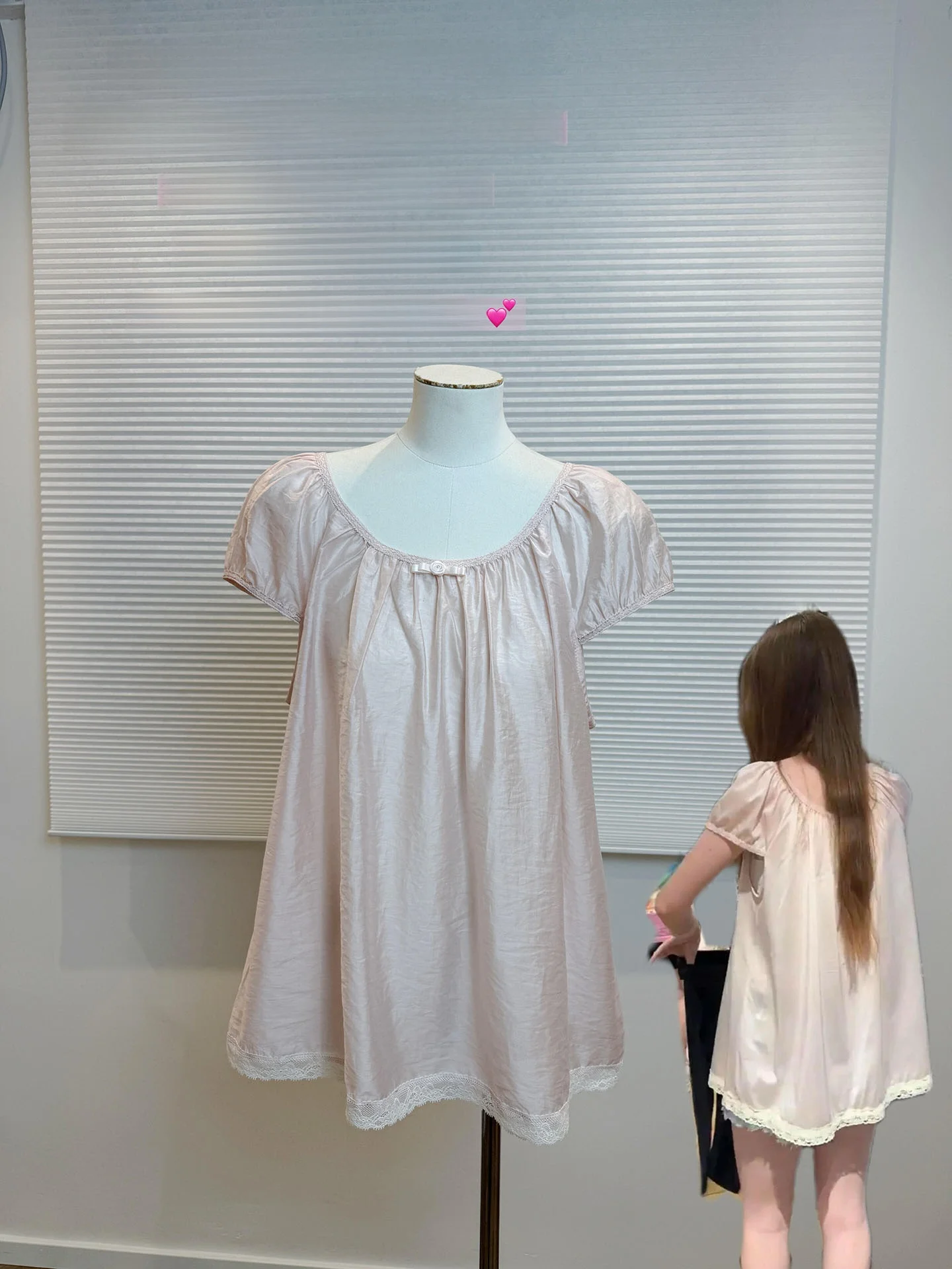 Sweet Style Pure Pink Bubble Sleeve Shirt Women's Fashion Lace Trim  Knot Short Sleeve Layered Top Casual round Neck
