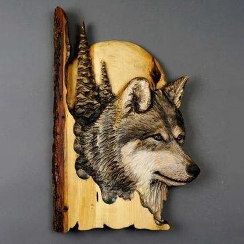 Flat Animal Handcraft Wall Hanging Sculpture Wooden Raccoon Bear Deer Wolf Fox Hand Painted Decoration for Home Living Room