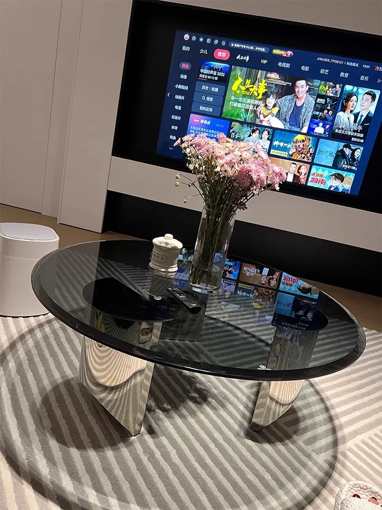 Italian light luxury modern small apartment household round tempered glass coffee table new stainless steel creative size