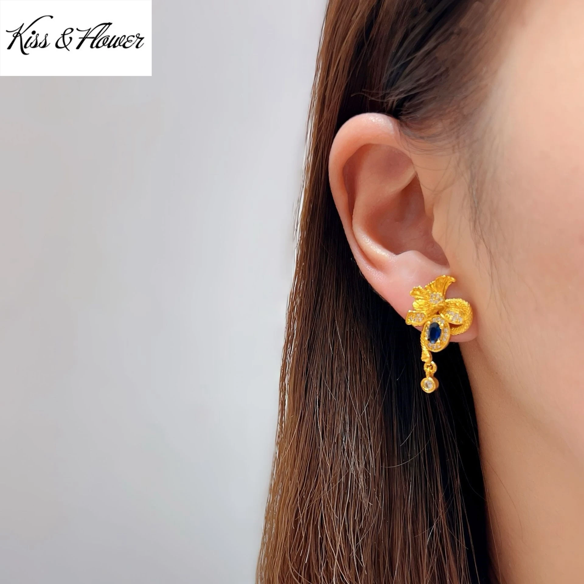KISS&FLOWER 24KT Gold Vintage Flower Stud Earrings For Women Wedding Party Birthday Christmas Bride Mother Girl Lady Gifts ER576