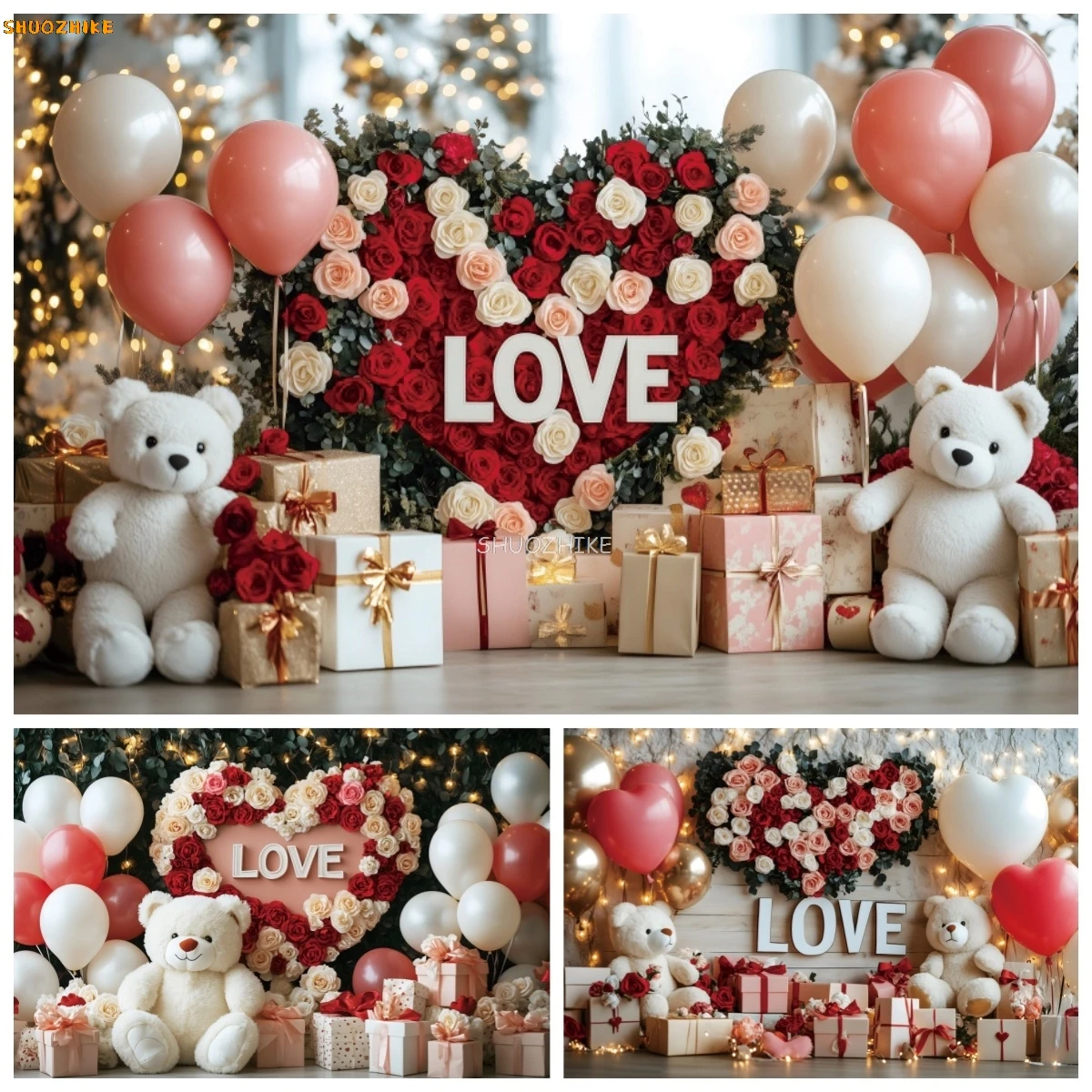 

Valentine's Day Decoration Photography Backdrop Brick Wall Teddy Bear Love Flower Gift Wedding Party Portrait Photo Background