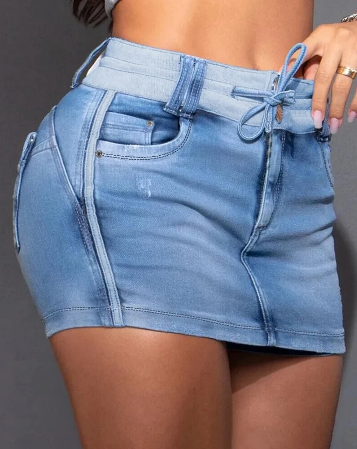 

Women's Shorts 2024 Summer Fashion Contrast Binding Ripped Drawstring Casual High Waist Pocket Daily Denim Skorts Y2K Streetwear