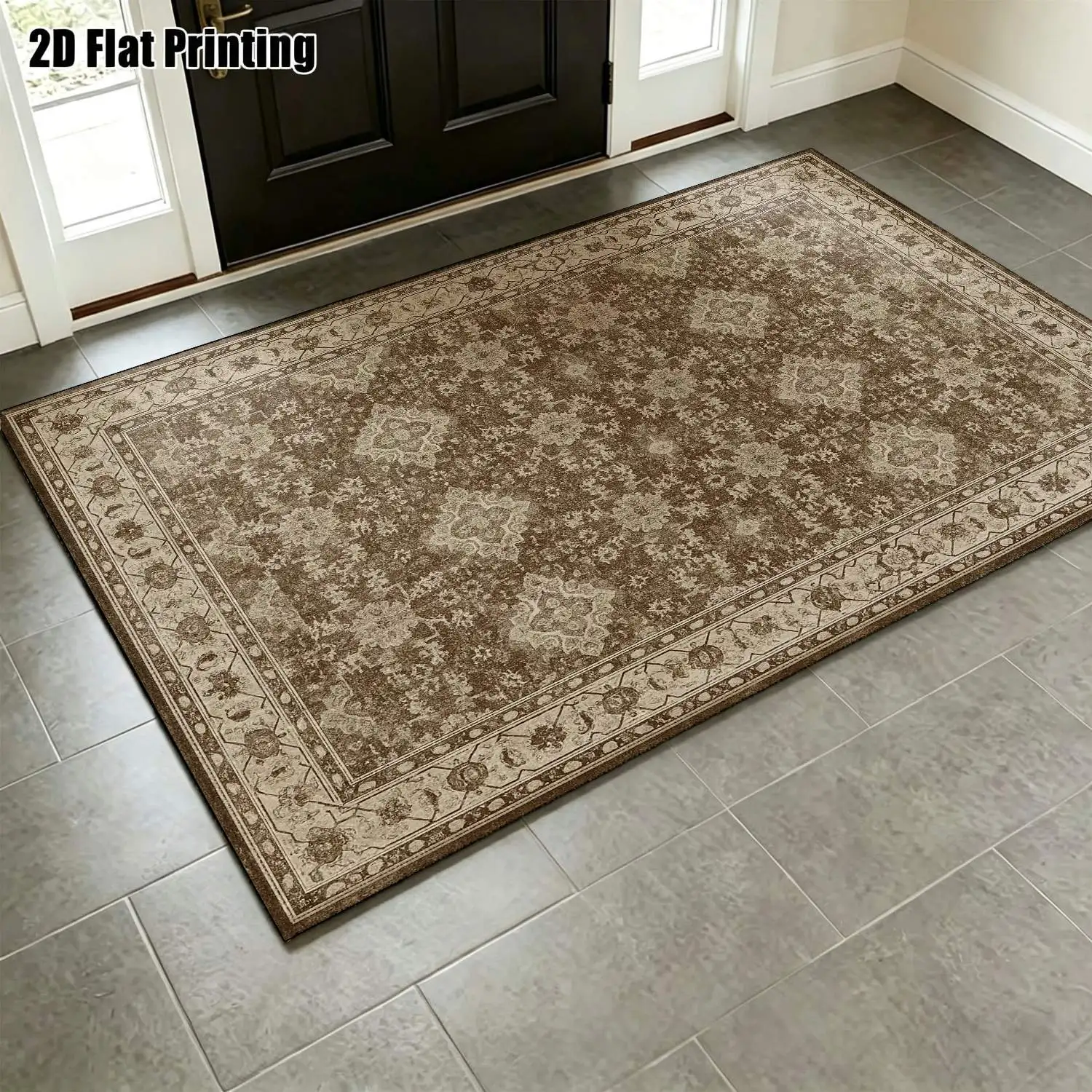 1Pc 2D Printed Brown-Beige Retro Pattern Carpet European/Retro/Geometric/Bohemian Style, Home Decor, Multi-Size, Machine Washable, for Living Room, Bedroom, Dining Room, Entrance, Study.