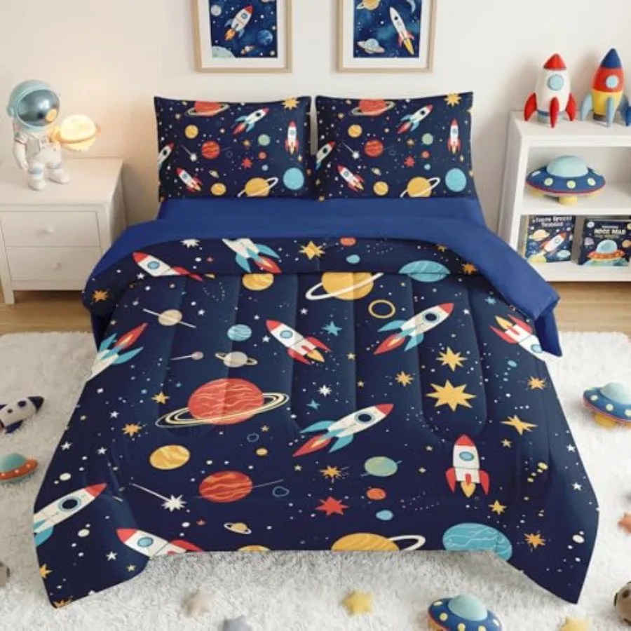 

Boys Size Bedding Set - 5 Pcs and Planet Comforter with Deep-Pocket Sheet, Whole-Piece Filling, Machine Washable Bed-in-a-Bag f