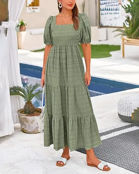 Vestido Midi holgado de manga corta con bolsillos, vestido de verano de Color liso con mangas abullonadas y cuello cuadrado