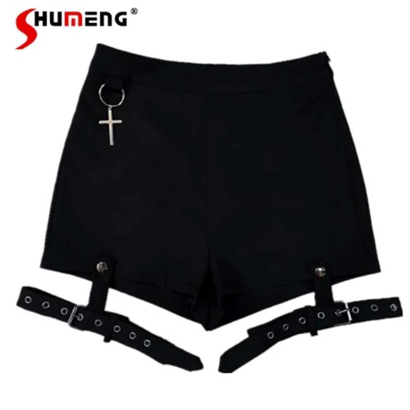 

2024 Summer New Women Vintage Punk Rock Gothic Shorts Hot Girls Sexy Cross Ring Short Pants Lady Streetwear Fashion Black Shorts