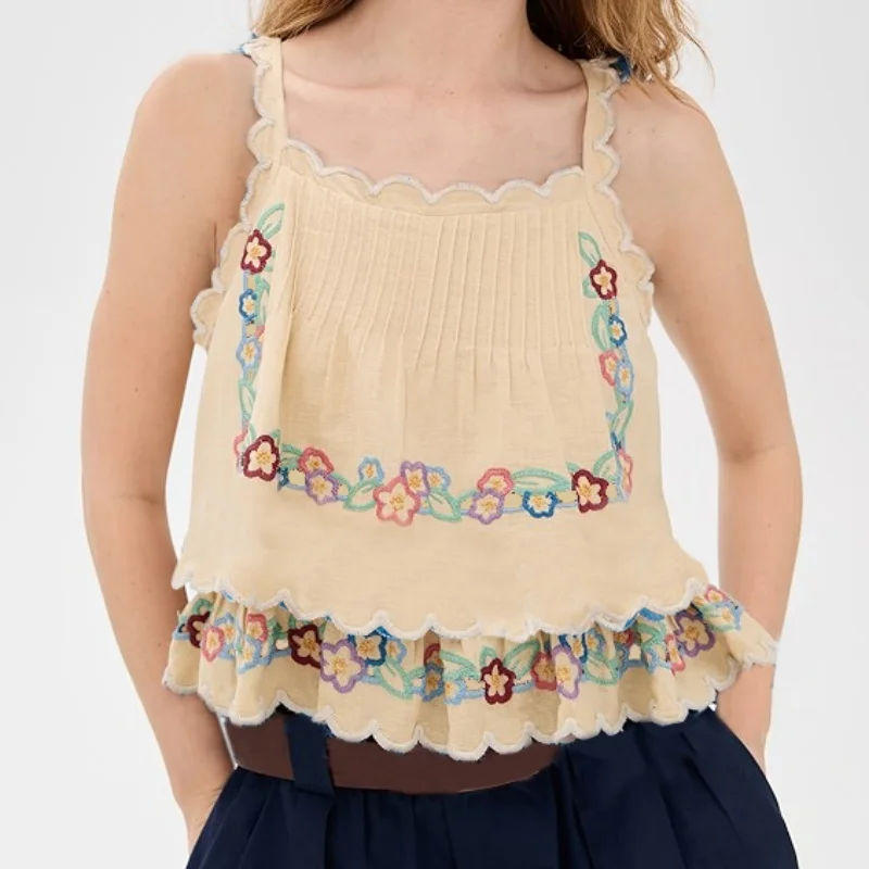 

2025 Women Ruffe Layer Flowers Lace Embroidery Camis Tops Sleeveless Sling Y2k Vintage Tank Top Linen Retro Streetwear