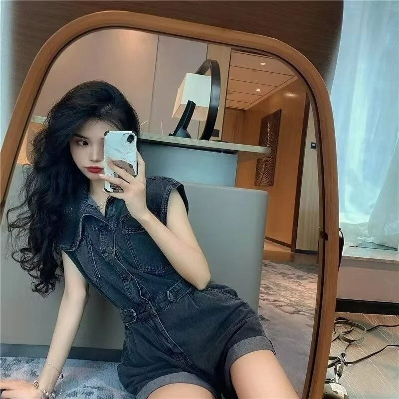 Korean Version of The Summer New Waist  Thin Denim Retro Tooling Style Foreign Style Age Reduction Solid Color One-piece Shorts