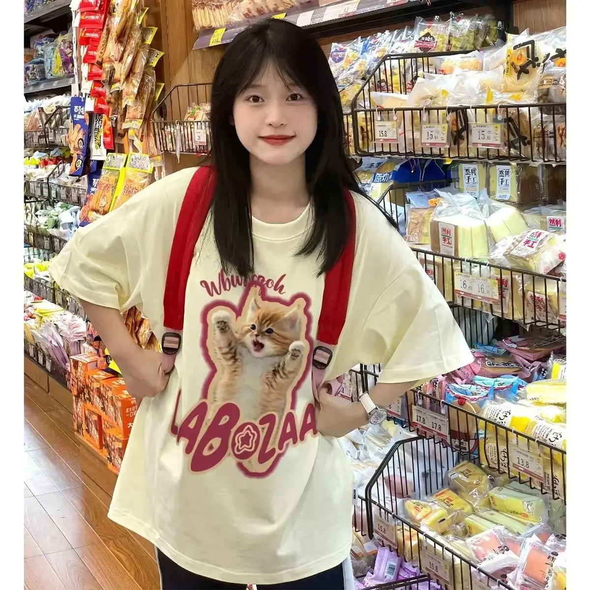 Harajuku Lazy Style Round Neck Kawaii Cats Print Short Sleeved for Women Summer Fashion Casual Versatile Couple T-shirts Tops