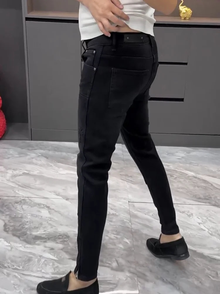 

Высококачественные мужские повседневные джинсы Busin Multi ket со средней талией и водной талией, прямые брюки, облегающая версия-стойка, новинка зимы