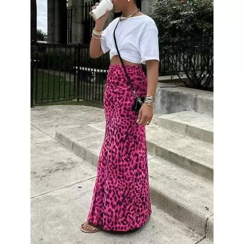 Leopard Print Ruched Detail Skirt Long Length Sexy with Streetwear Urban Bodycon Slightly Elastic Women Skirts