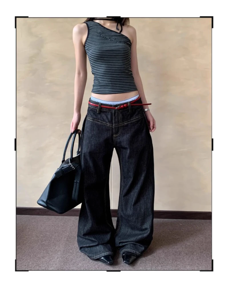 

Women's Washed Old Dark Blue Jeans Harajuku Y2k American Vintage Scimitar Jeans Look Slim Versatile 2000s Aesthetic Pants Trendy