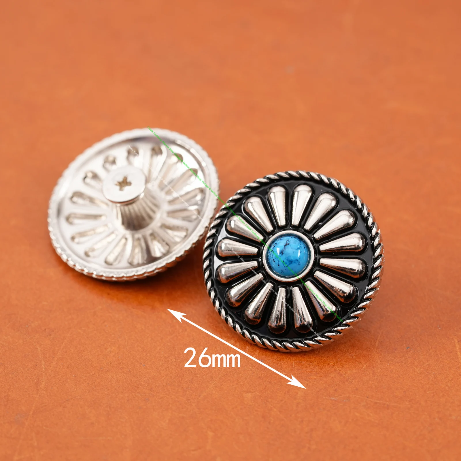10pc Tribal BlueTurquoise Black Silver Bohemian Flower Leathercraft Saddle Conchos