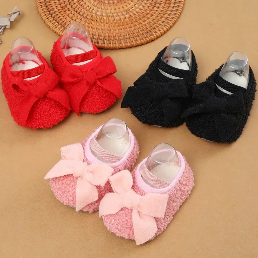 Newborn Baby First Walkers Unisex Coral Fleece Bootie Winter Warm Infant Toddler Crib Shoes Classic Floor Bowknot First Walkers