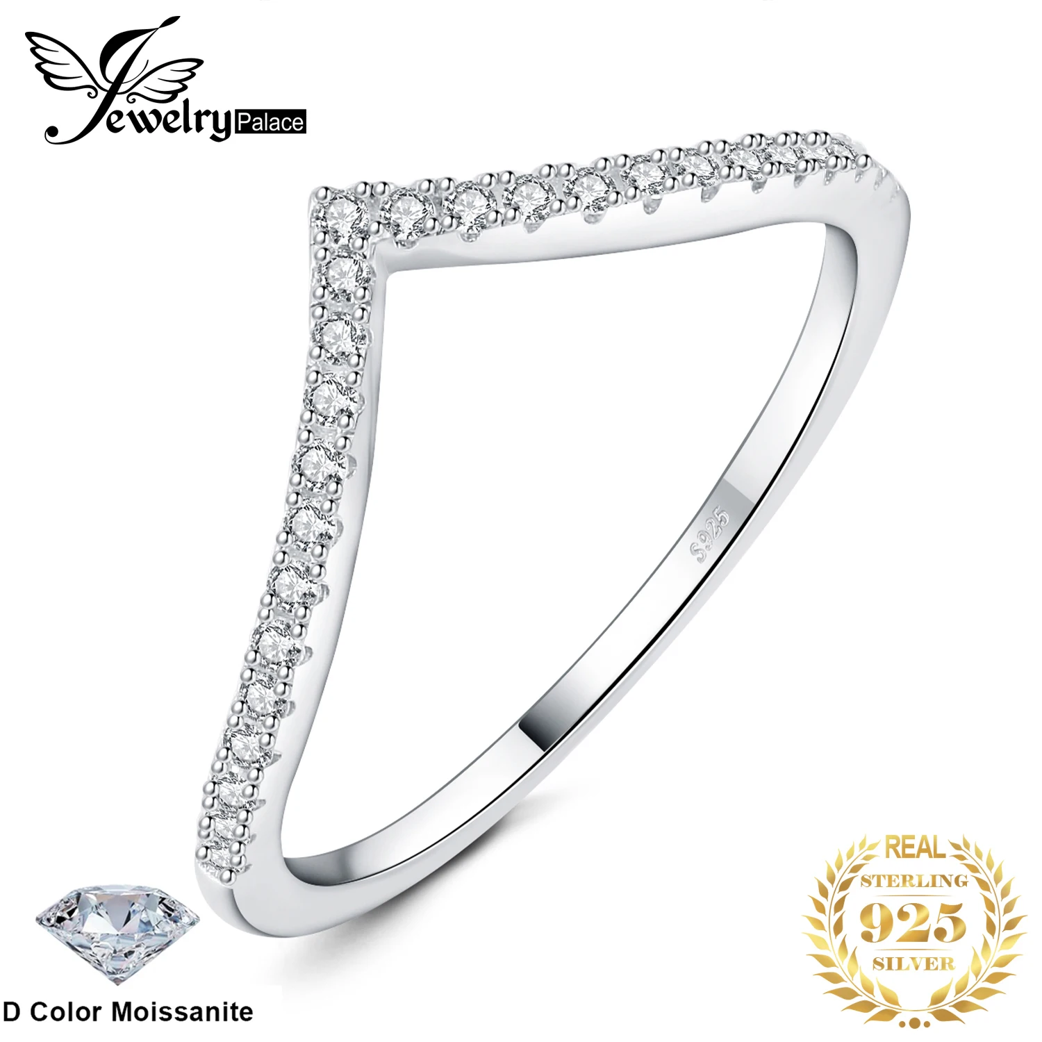 JewelryPalace Moissanite D Color Round Cut 925 Sterling Silver V Shape Stackable Wedding Ring for Woman Yellow Rose Gold Plated