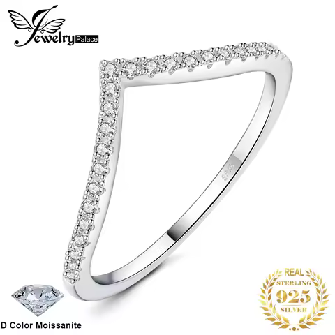 JewelryPalace Moissanite D Color Round Cut 925 Sterling Silver V Shape Stackable Wedding Ring for Woman Yellow Rose Gold Plated