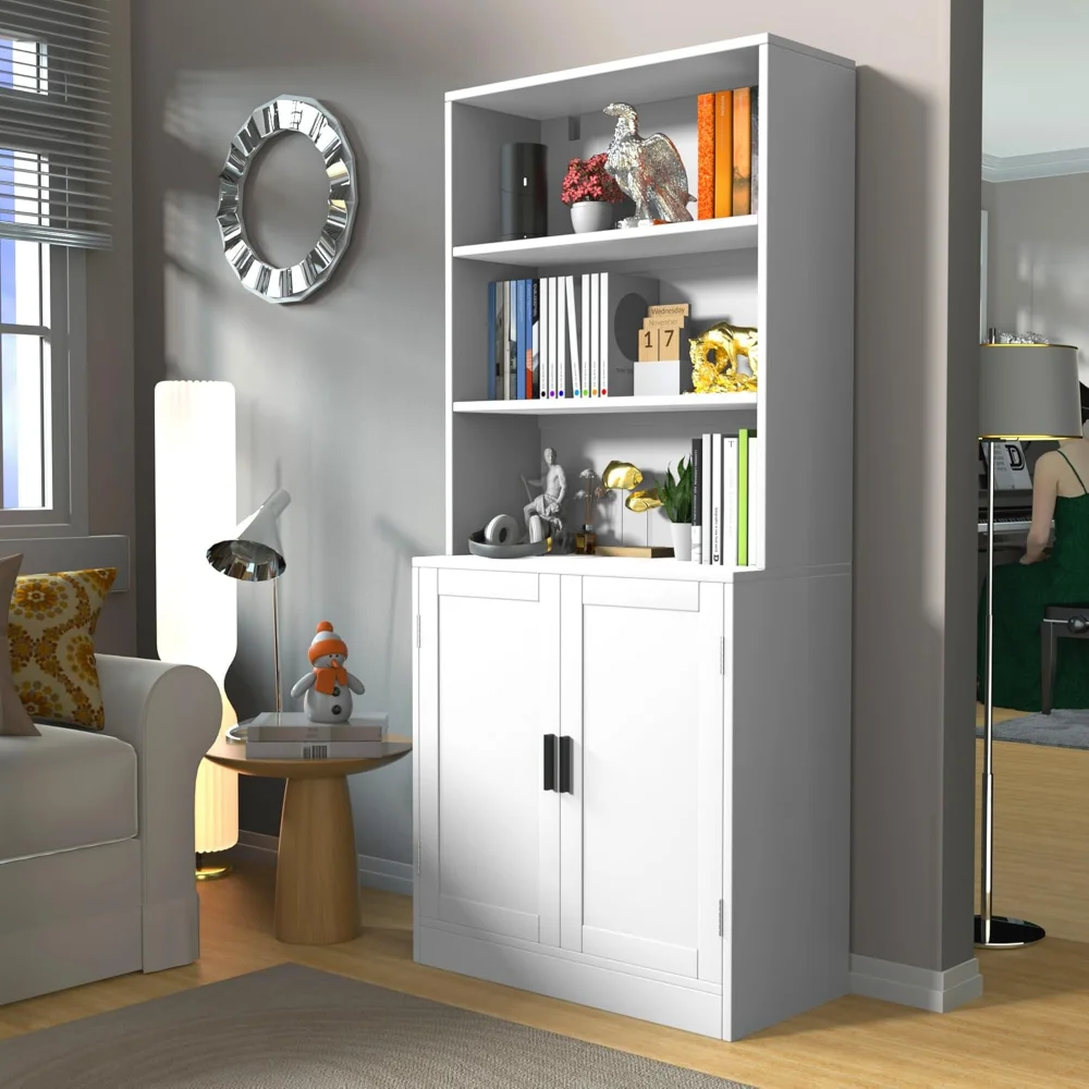 

75" Tall Bookcase with Doors, 5 Tier Large Bookshelf with Cabinet, Standing Wood Display Book Shelf for Living Room, Office