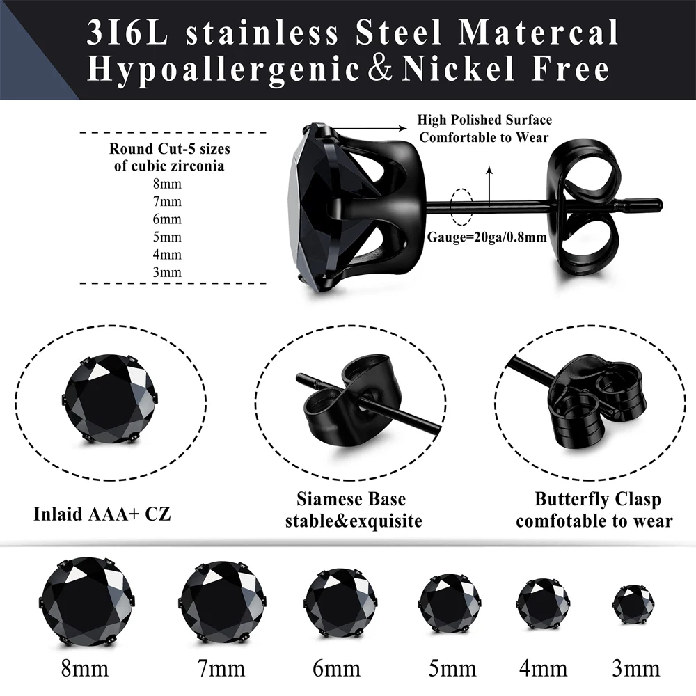 1 Pair Stainless Steel Black Round Square Cubic Zirconia Stud Earrings Set Punk Piercing Jewelry for Men Women 3-8mm