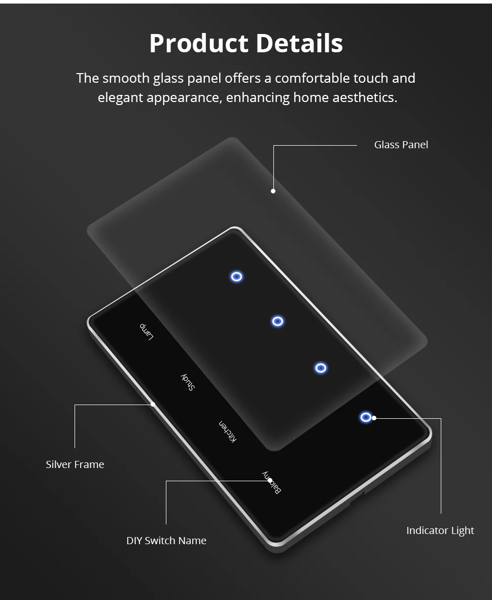 Zemismart US Schwarzer Zigbee DIY Namensschalter Horizontales Touch-Panel Smart Display Bildschirm Lichtschalter Kompatibel mit Tuya Smart Life App – Detail 10