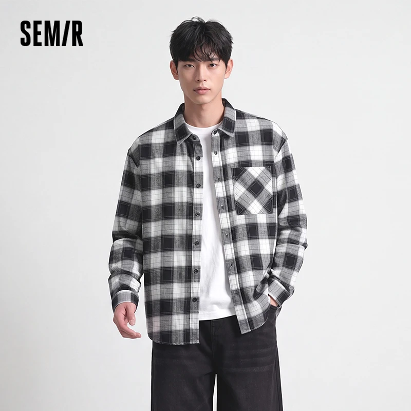 Semir Men Shirt Cotton Plaid Long Sleeve Loose Lapel Pocket Casual Style Comfortable Autumn Blouse Daily Wear 2026