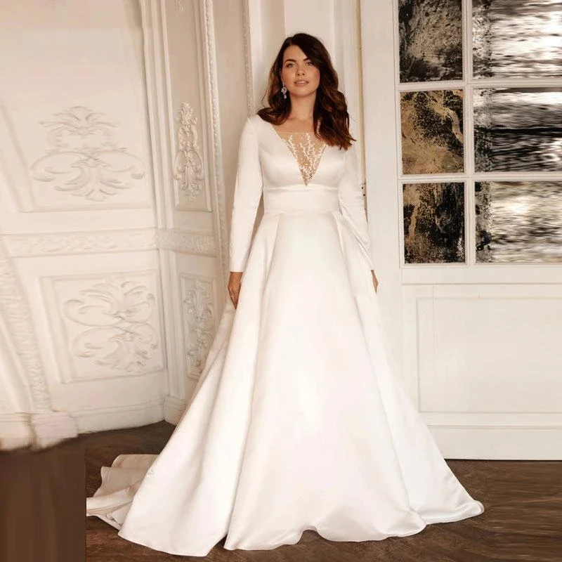 2023 Plus Size A Line Wedding Dresses For Women Bride Simple Long Sleeves Bridal Gowns Sweep Train Vestido De Casamento Robe De