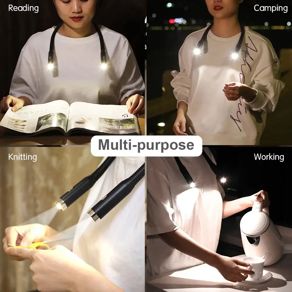 Luz de lectura para el cuello, luces para libros, lectura en la cama, plegable, de larga duración, portátil, recargable por USB, novedad, iluminación LED Flexible para libros