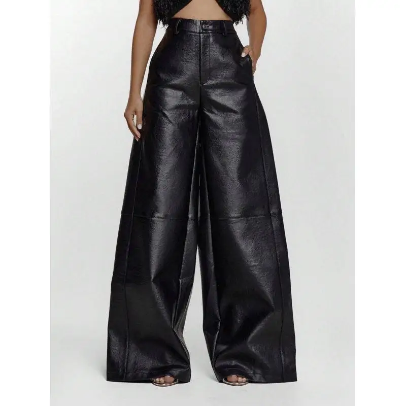 High Waist Leather Pants Slim Fit Waist Cross-Border Casual Trousers for Women Mid-Aged Group Other Material 100% Denim