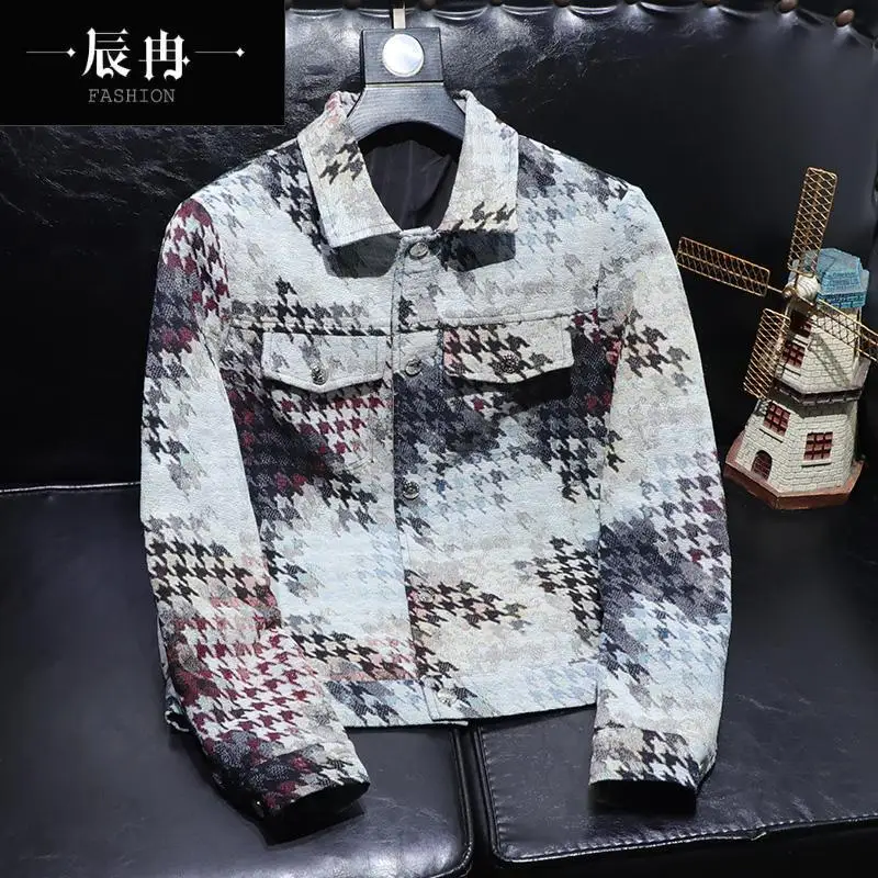 

Молодежная американская модная мужская жаккардовая куртка с тысячей птиц в сетку, осенняя новая тонкая мужская куртка с лацканами