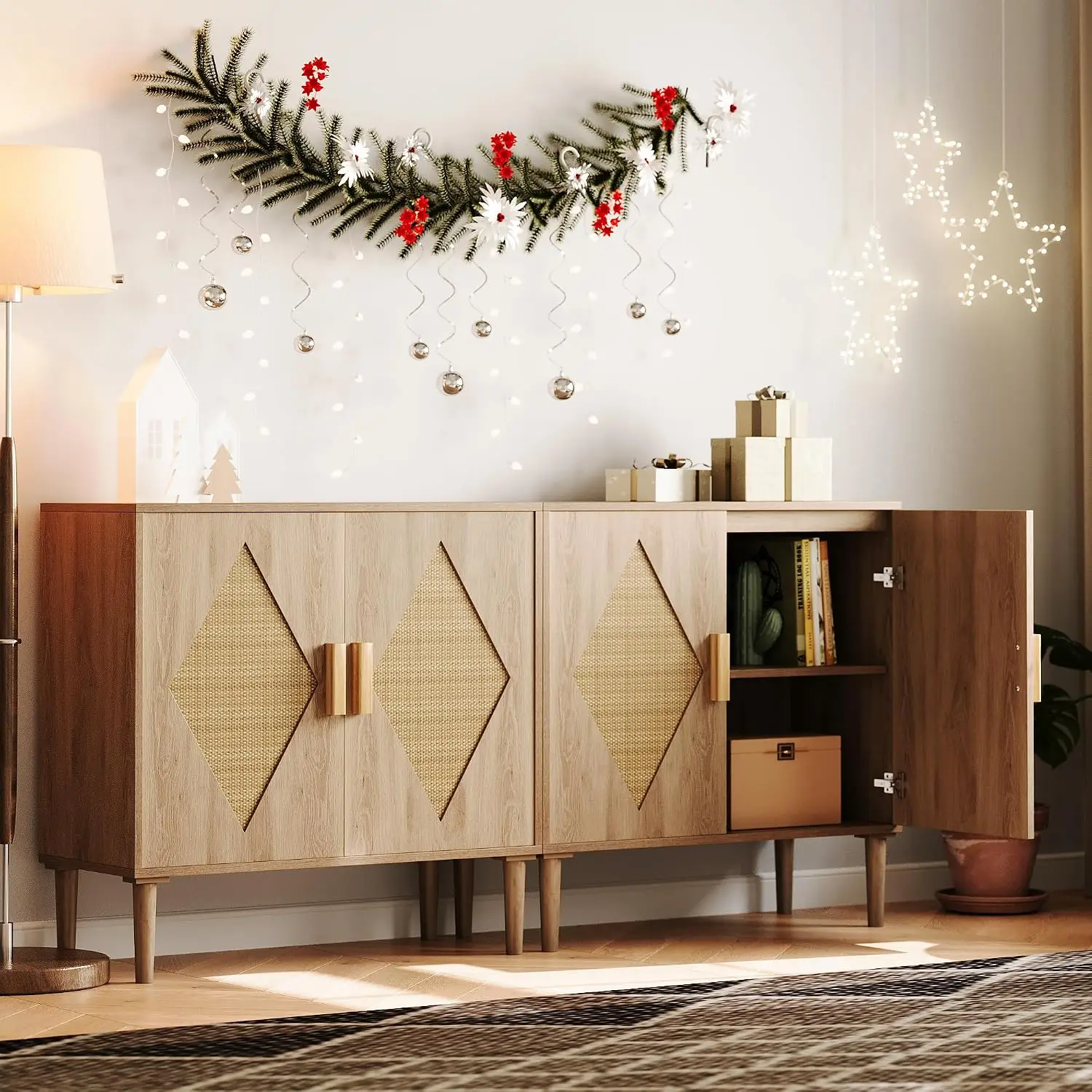 Modern Rattan Buffet Cabinet 2 Doors Adjustable Shelves Woven Cane Sideboard Storage Dining Living Kitchen Entryway, Customized