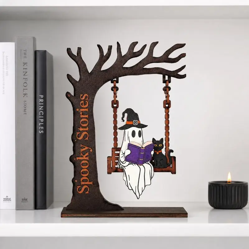 Ghost Swing Figurine Wooden Tree Halloween Decor Pumpkin Witch Hat Spooky Tabletop Party Decor Gift