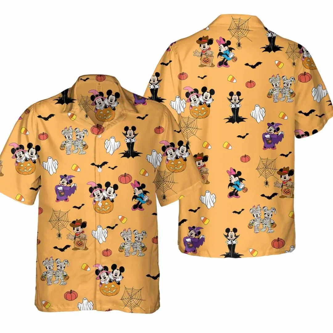 Disney-camisa hawaiana de Halloween para hombres y mujeres, camisa de manga corta con botones, Mickey, vacaciones familiares, camisa hawaiana informal para playa