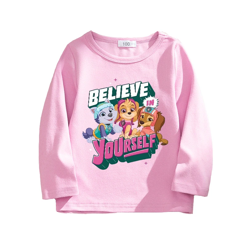 Camiseta Paw Patrols para niños pequeños, camisetas rosas Skye Everest para niñas, camisetas de manga larga con cuello redondo, ropa informal para bebés con dibujos de perros