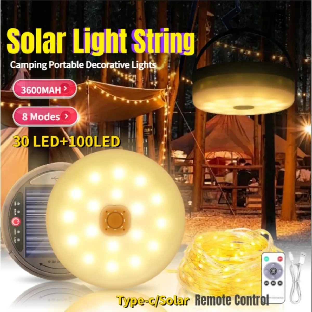 2 in 1 Solar Camping String Lights 8 Modes Outdoor Portable Lights USB Rechargeable Waterproof Camping Lantern Hiking Tent Yard