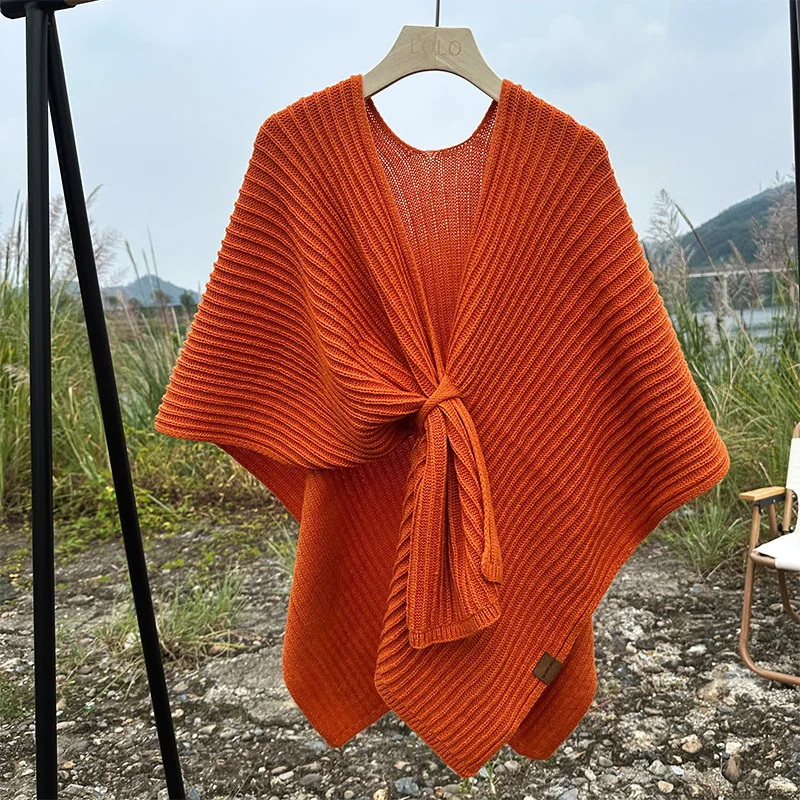 

Spring Autumn New Hollow out Thin Style Outfit Fashion Loose Air Conditioning Room Warm Shoulder Protection Cloak Strip Orange