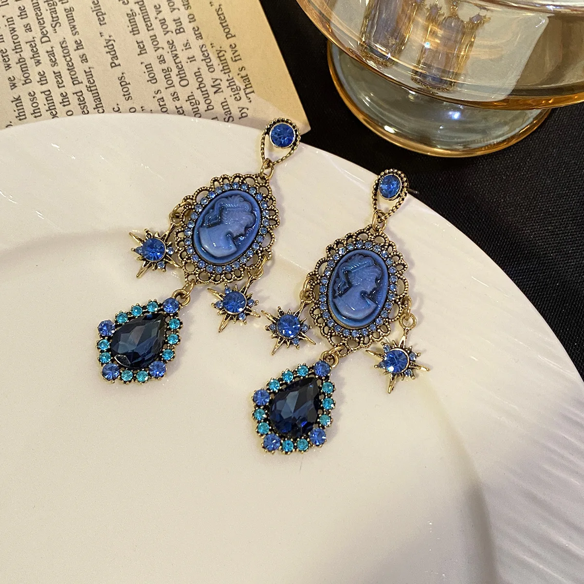 Silver Needle Geometric Palace Style Blue Water Drop Irregular Earrings, niche fashion, light luxury, high-end feeling earrings