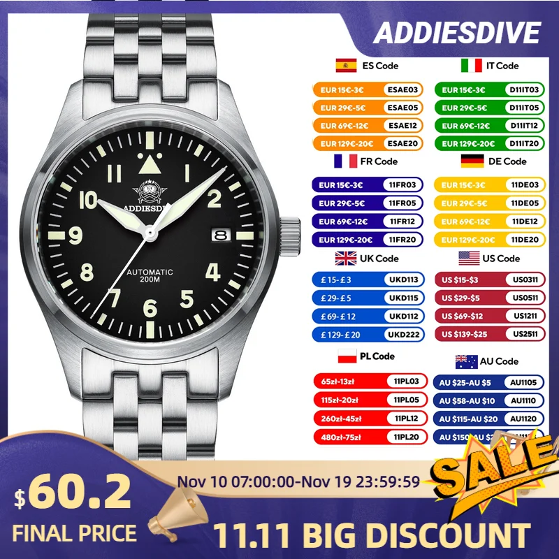 

ADDIESDIVE Classic Men's watch Sapphire Automatic 8215 Stainless Steel Pilot watch Leather Luminous 200m Diving Dress Watch New