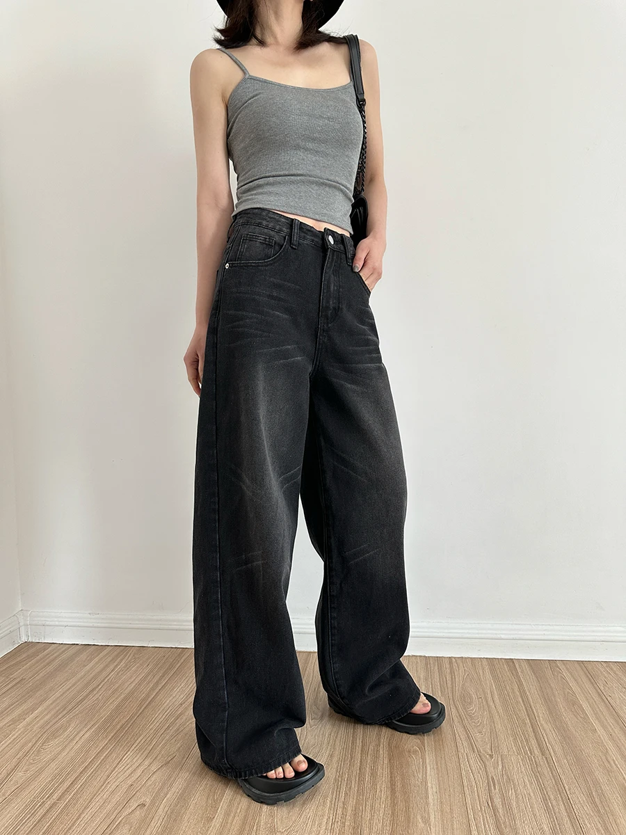 

Женские винтажные джинсы Vanzovivilly с высокой талией, широкими штанинами, эффектом потертости, черные, длинные, весна-осень, стандартный крой