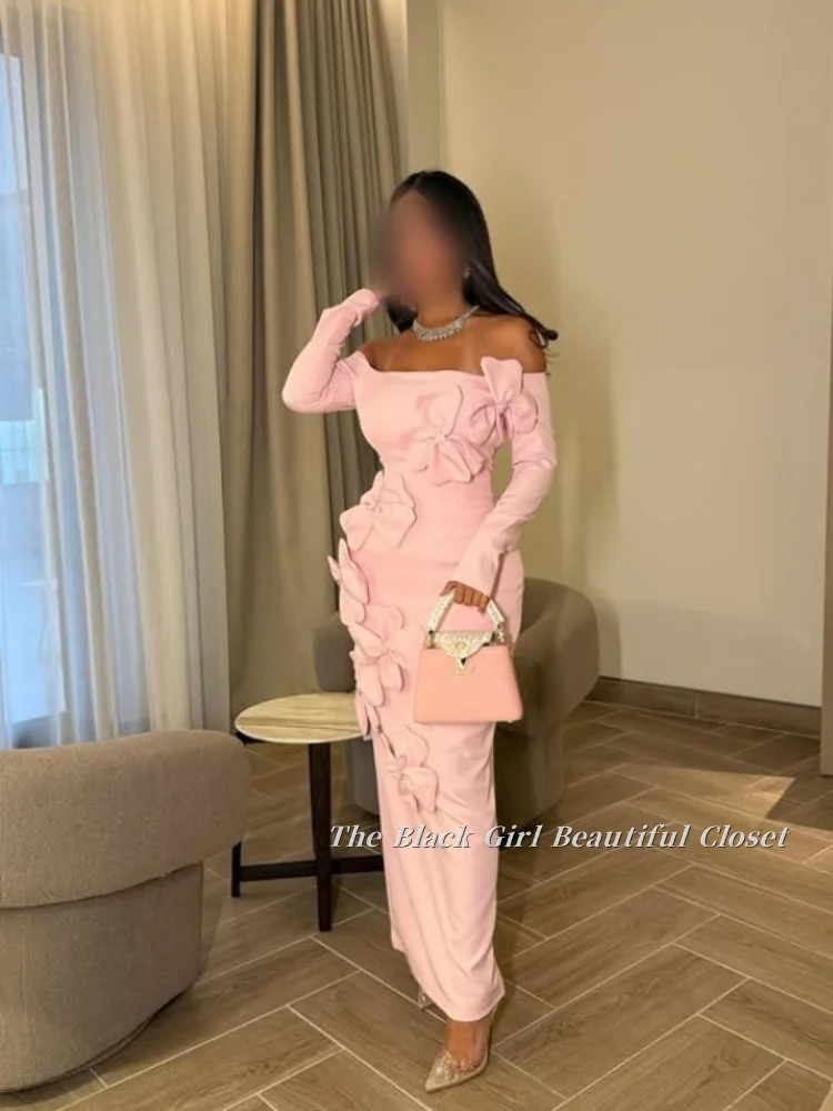 Customized Light Pink Appliqued Prom Dress Snap Shoulder Long Sleeve Bodycon Appliqued Large Flower Embellished Ankle Arab