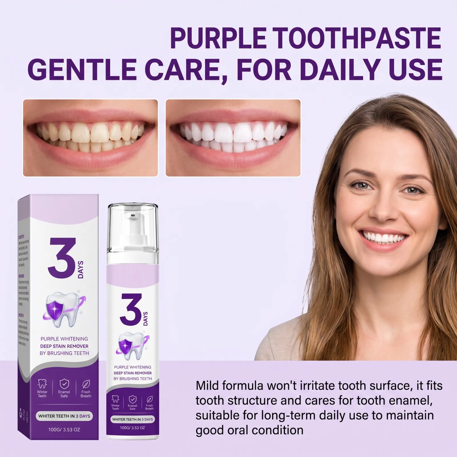 Purple Brightening Mousse Toothpaste, Lightweight Mini Whitening Toothpaste Deep Oral Cleaning and Fresh Breath Toothpaste 100g
