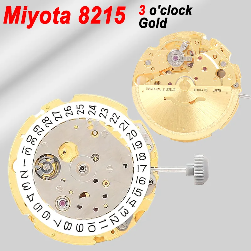 ミヨタ-8215-8200-ゴールド自動巻き機械式ムーブメント-21石-3針日付表示時計交換部品。ホワイトカレンダー3時位置。