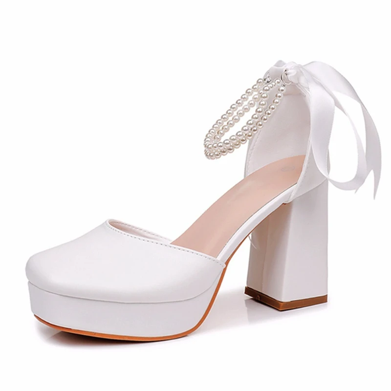 

Fashion Rhinestones Pearls Satin Bowknot Women Pumps Spring Summer Platform Thick High heels White Wedding Bridals Chunky Shoes