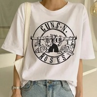 Pistola N Roses Street Rock Print Hip Hop Tees Punk Fashion T-shirt Guns N Roses Cotton T-Shirt Women White Tshirt Women Tops