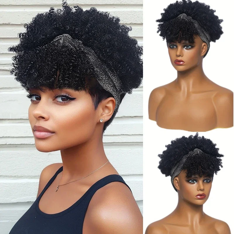 الاصطناعية الأفرو مجعد عقال الباروكات للنساء قصيرة أسود غريب مجعد وشاح التفاف شعر مستعار الأفرو عالية نفخة مجعد عصابة رأس شعر مستعار تأثيري