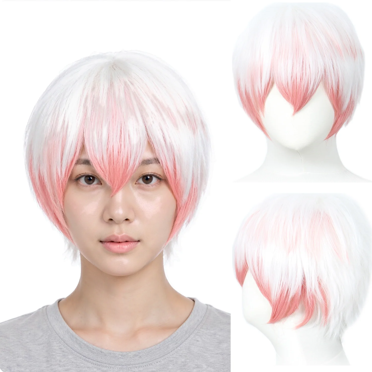 Short White Pink Ombre Wig with Bangs Heat Resistant Synthetic Hair Men Women