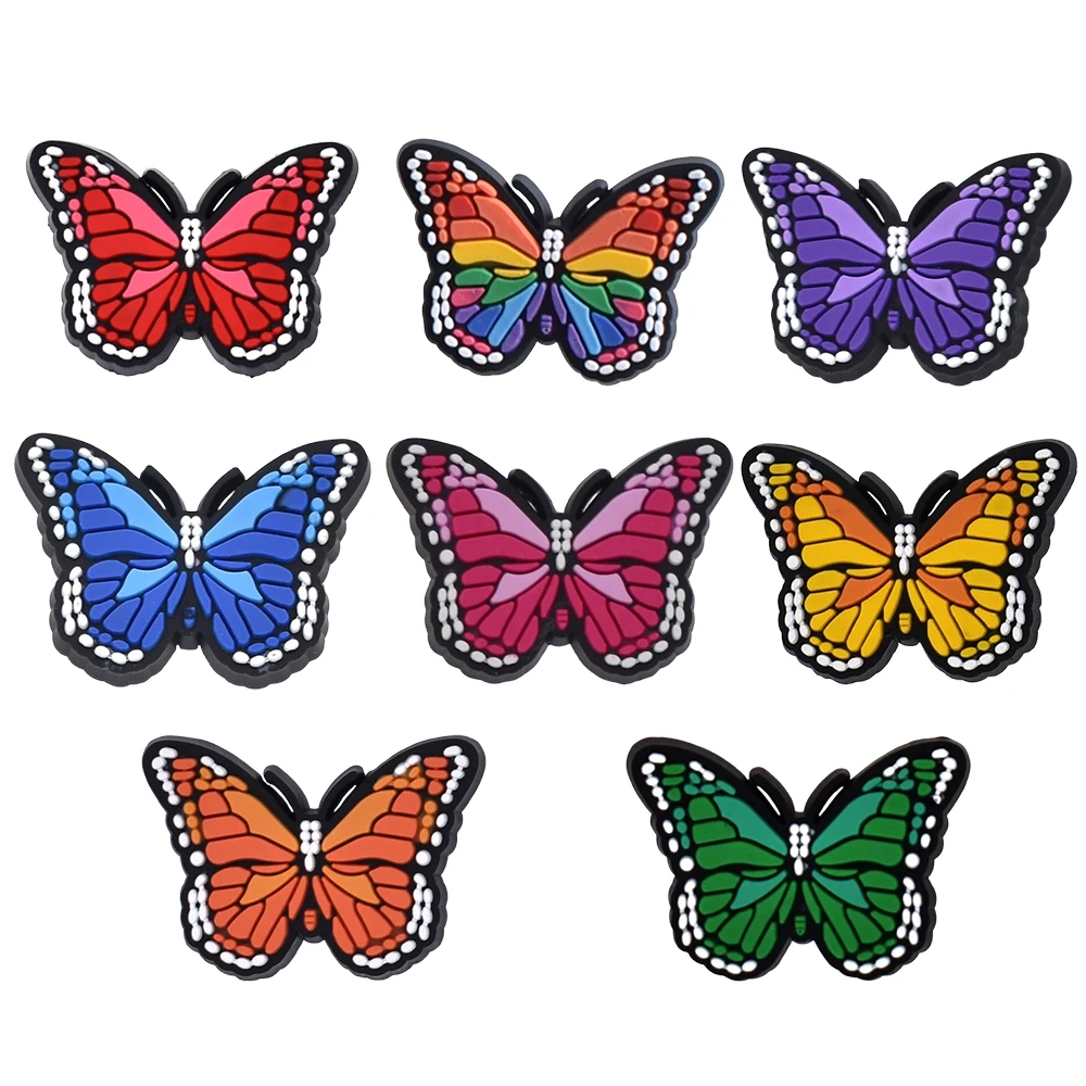 1-8PCS cartoon butterfly Shoe Charm PVC Decorations Mix Wholesale Buckle Fit Sandal Shoe Detachable Waterproof To X-mas Gifts