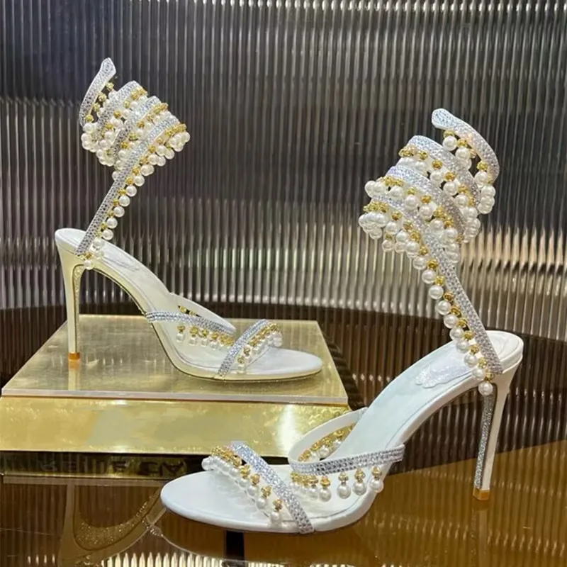 Luxury Rhinestones Pearls Tassels Women Gladiator Sandals Sexy Snake Ankle Strap Satin High heels Summer Banquet Wedding Shoes