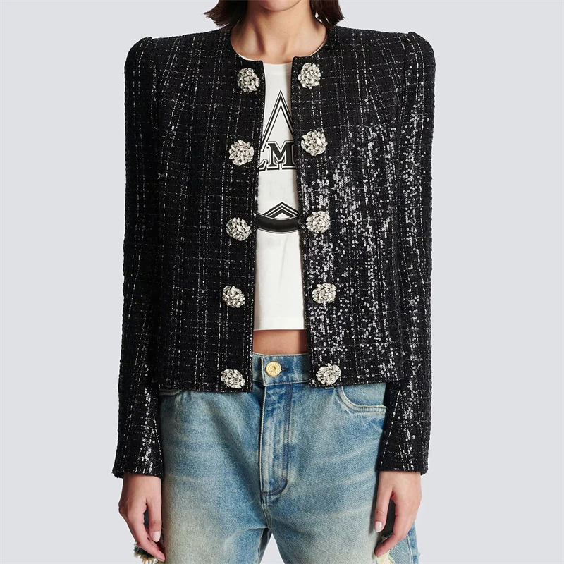 2024FW new women\'s round neck double breasted heavy sequin embroidery tweed jacket high quality fashion high street glitter coat