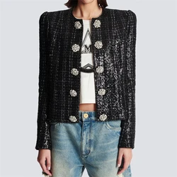 2024FW new women's round neck double breasted heavy sequin embroidery tweed jacket high quality fashion high street glitter coat