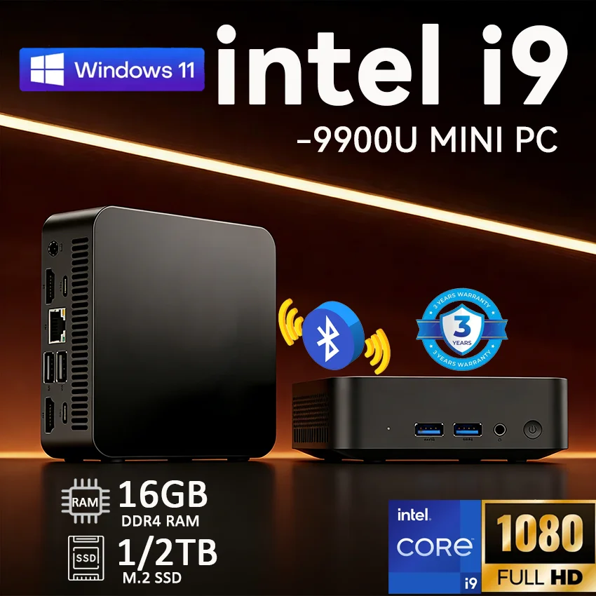 

Mini PC Core i9-9900U Windows 11 Pro 16GB DDR4 1TB 2TB M.2 SSD Gamer Pc 4K HD Dual WIFI 6 BT5.2 Desktop Computer