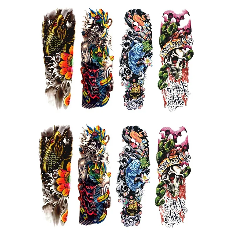 8Pcs/Lot Waterproof Temporary Tattoos Fish Skull Color Full Arm Mechanical Pattern Tattoos Sticker 48X17cm (17-20)